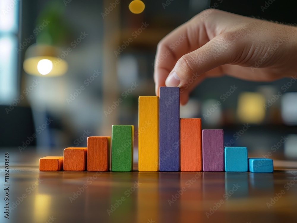 Poster a hand adjusts colorful wooden blocks arranged in a bar graph on a wooden table.