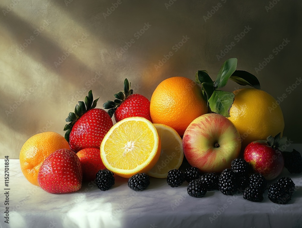 Poster a vibrant arrangement of various fruits showcasing color and texture.