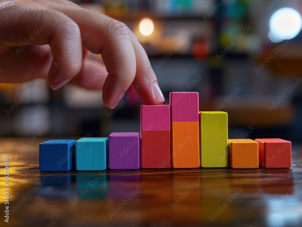 Poster A hand adjusts colorful wooden blocks arranged in a bar graph on a table.