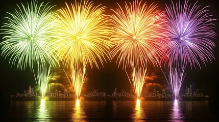 Vibrant fireworks display over a city skyline reflected in calm water. Stunning nighttime spectacle.