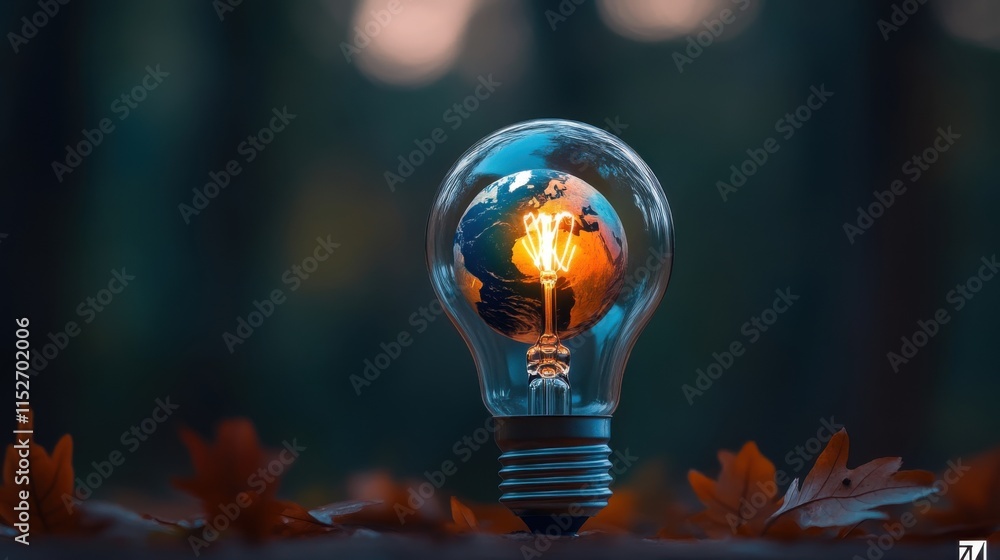 Poster light bulb with glowing filament illuminating the world inside, surrounded by autumn leaves in soft 