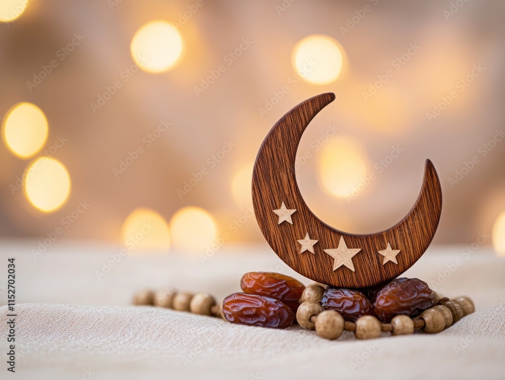 Poster a decorative crescent moon with stars, surrounded by dates and beads, creating a festive ambiance.