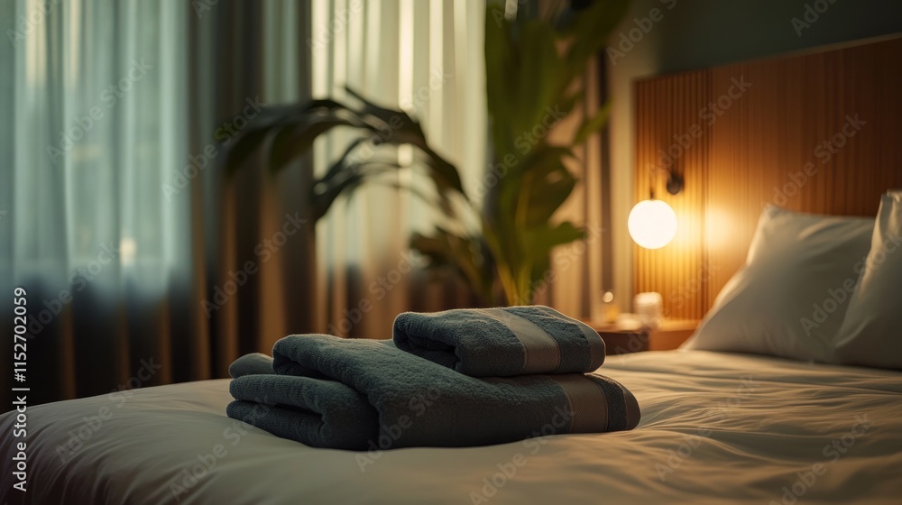 Poster Cozy hotel room with neatly stacked towels on a bed, creating a relaxing atmosphere.