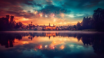 Fototapeta premium Festive fireworks display over a lake reflecting a castle at sunset. Magical, dreamy scene.