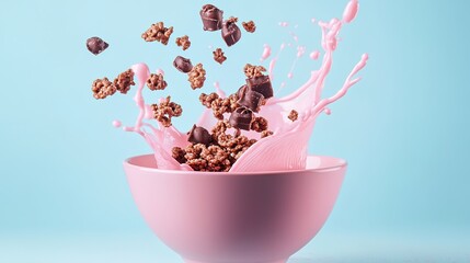 Dynamic high-speed photography capturing a vibrant splash of pink milk and flying chocolate cereal in a pink ceramic bowl, set against a light blue background. 