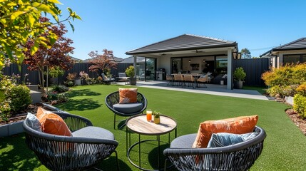 Relaxing backyard oasis with modern furniture, artificial grass, and lush landscaping. Perfect for summer gatherings.