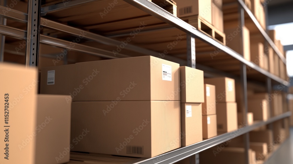 Poster A warehouse shelf filled with neatly stacked cardboard boxes.