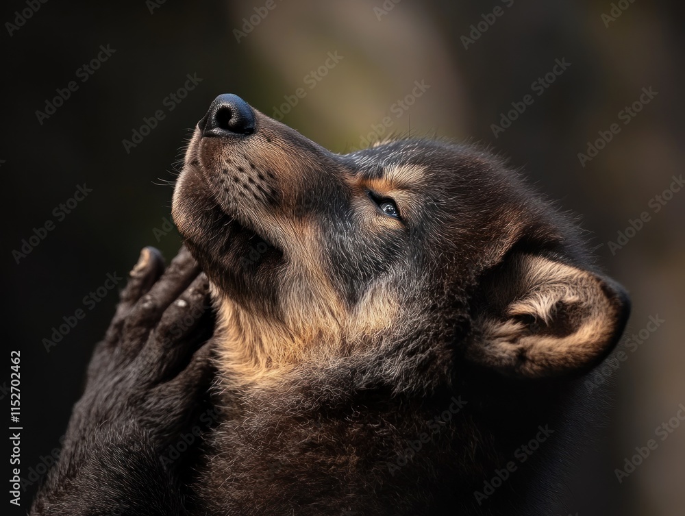 Poster a close-up of a bear cub looking upwards, showcasing its expressive features and fur texture.