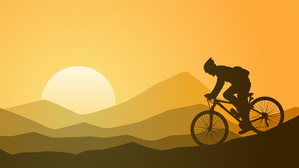 Obraz premium Landscape illustration of a mountain biker silhouette in the morning