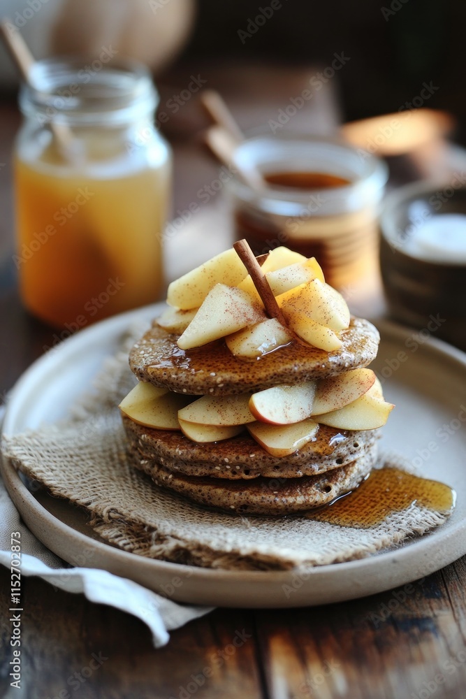 Aufkleber a stack of pancakes topped with sliced apples and syrup, served on a rustic plate.