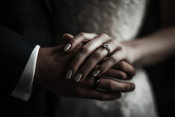 close up shot of couple hands, showcasing wedding rings and elegant nails, symbolizing love and commitment. soft lighting enhances emotional connection background