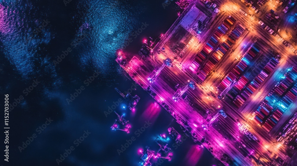 Aufkleber Aerial view of a brightly lit port with colorful containers and reflections in the water.