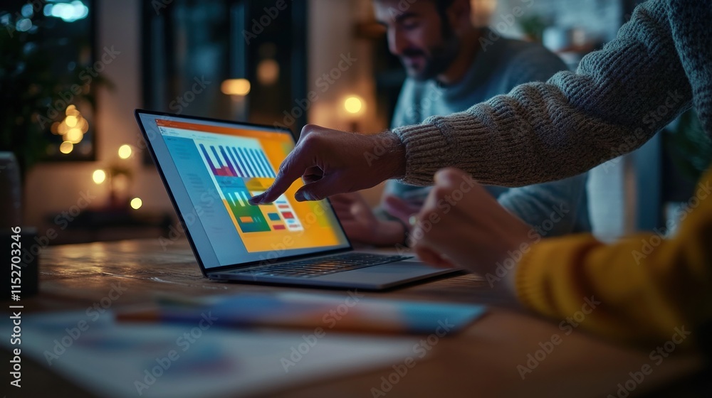 Poster Two individuals collaborating on a laptop, analyzing colorful data visuals.