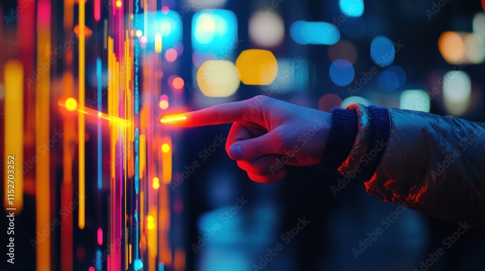 Poster A hand interacts with a colorful, illuminated display in a vibrant urban setting.
