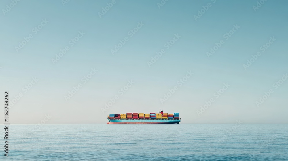 Poster a cargo ship loaded with colorful containers on calm waters under a clear sky.
