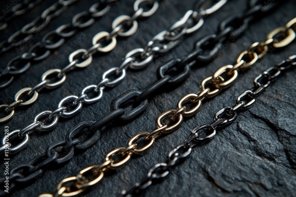 Poster a collection of metal chains in various colors and finishes displayed on a textured surface.
