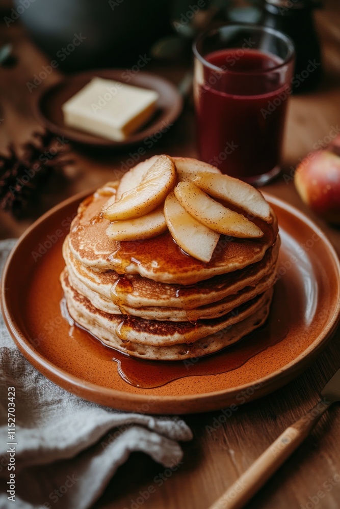 Poster a stack of pancakes topped with apple slices and syrup, served with juice and butter.
