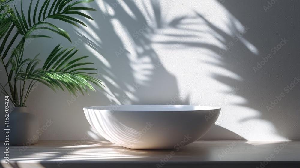 Poster a serene setting featuring a white bowl and a plant casting shadows on a wall.