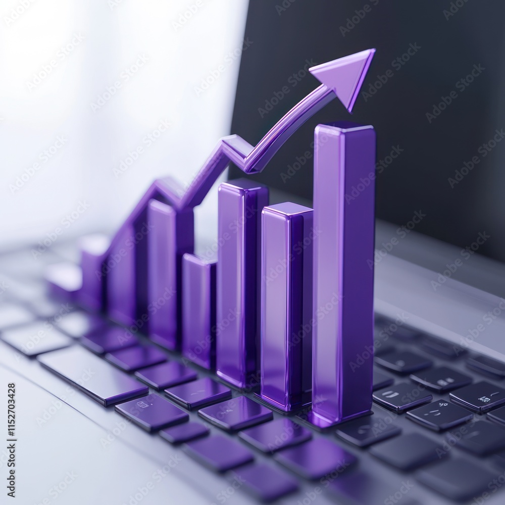 Aufkleber a purple bar graph with an upward trend displayed on a laptop keyboard.