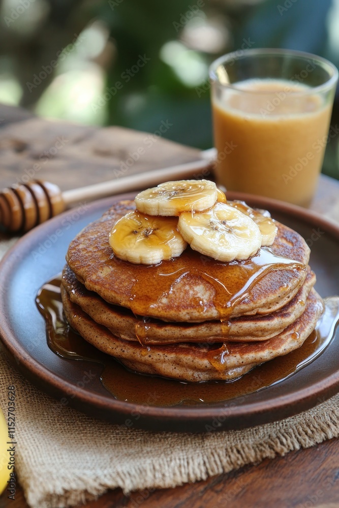 Poster a stack of pancakes topped with banana slices and syrup, served with a smoothie.