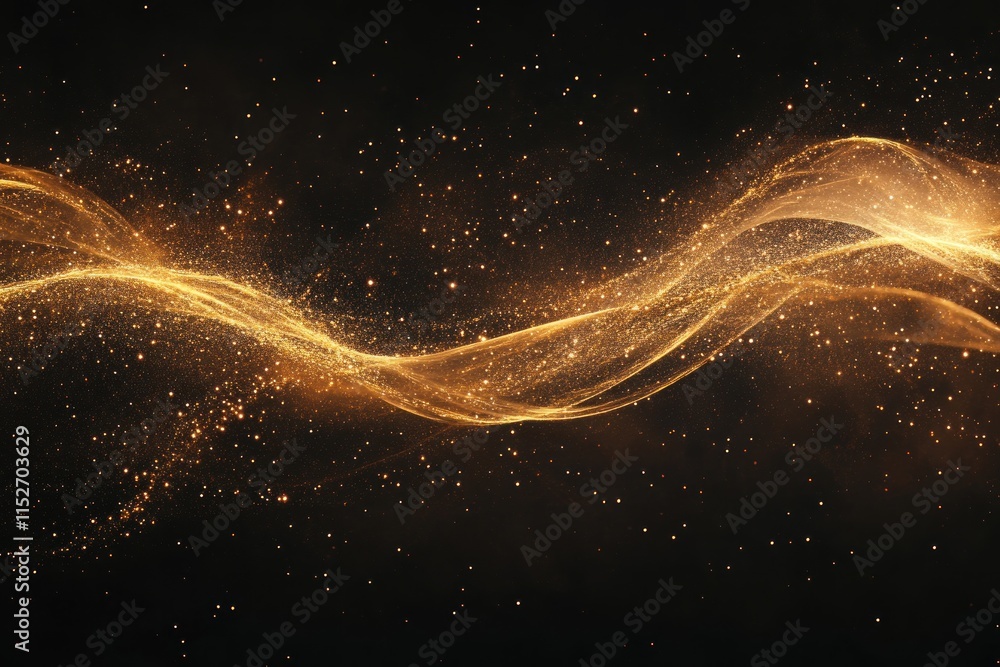 Poster a swirling golden wave with sparkling particles against a dark background.