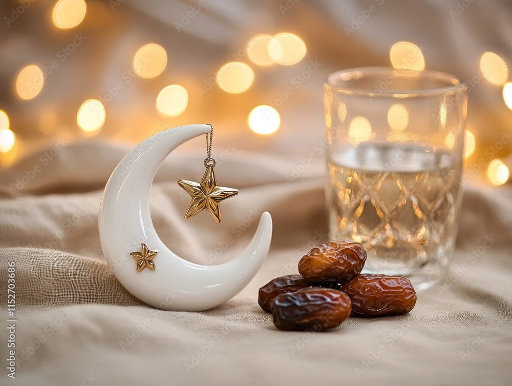 Poster a decorative crescent moon and star with dates and a glass of water, evoking a festive atmosphere.