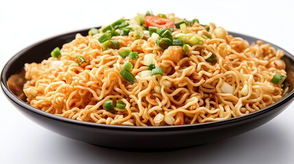 Close-up of a bowl of cooked noodles with green onions and tomatoes.