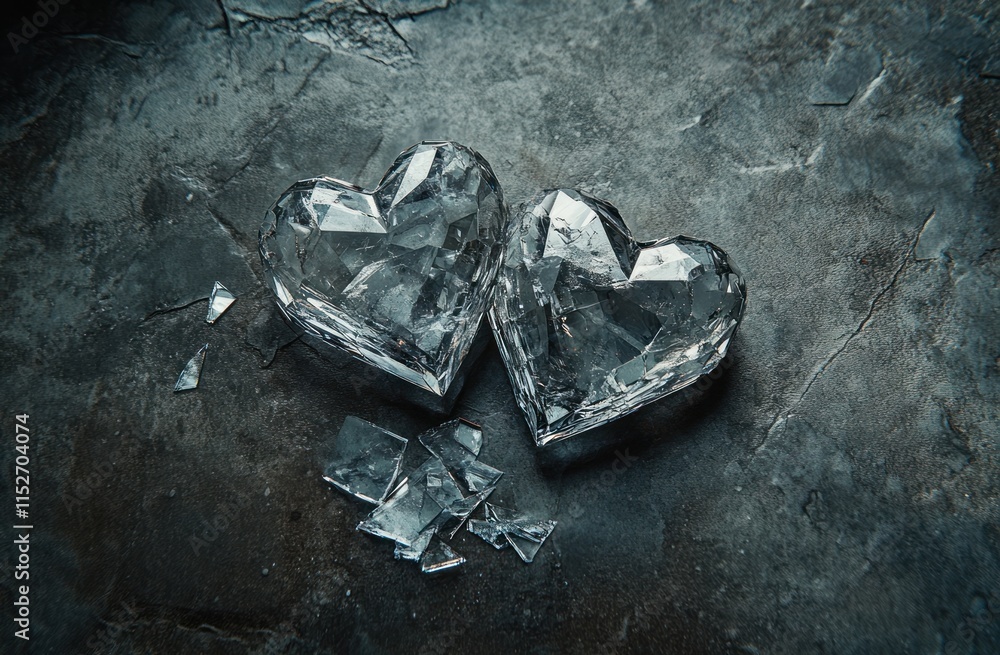 Poster Two broken heart-shaped crystals on a textured surface with scattered shards.