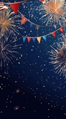 Fototapeta premium Fireworks Explode Across a Night Sky with Festive Bunting and Celebration Theme
