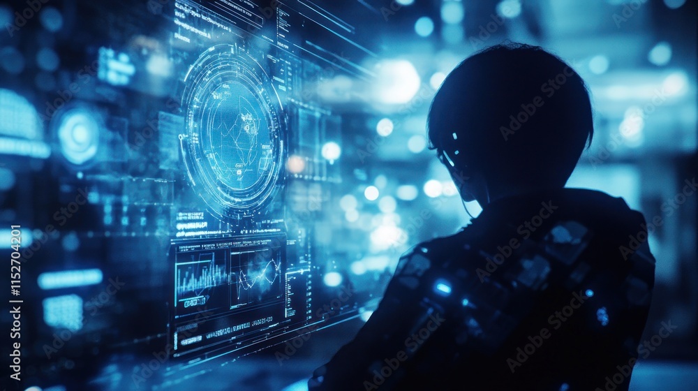 Aufkleber A figure interacts with a futuristic holographic interface, showcasing technology and data visualization.