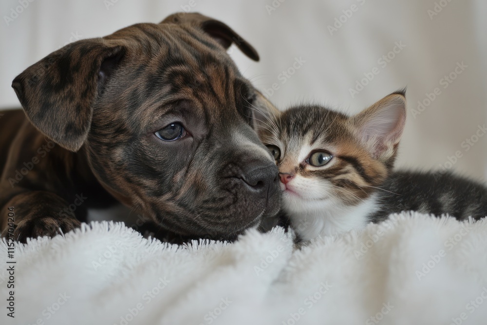 Poster a playful puppy and kitten snuggling together on a soft surface.