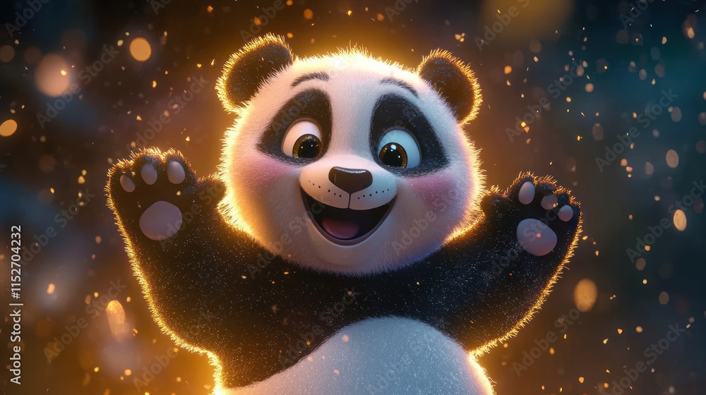 Poster a cheerful animated panda with a joyful expression, surrounded by a magical glow.