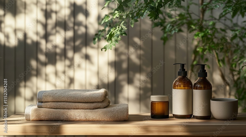 Poster a serene arrangement of towels and skincare products on a wooden table with greenery.