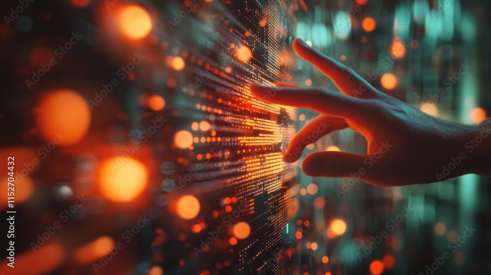 Poster A hand reaches towards a digital interface with glowing data patterns.