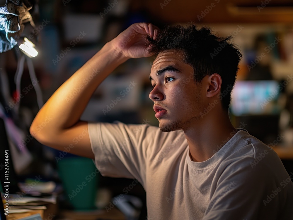 Poster a young man sits thoughtfully in front of a computer, illuminated by a desk lamp.