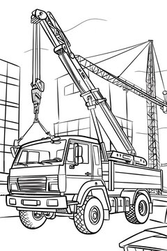 recommend clip art: Industrial environment construction crane lifting equipment on urban building site - line art illustration