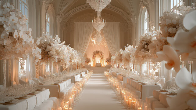 grand white luxury wedding venue adorned with elegant floral arrangements, soft lighting, and beautifully set long table, creating romantic atmosphere