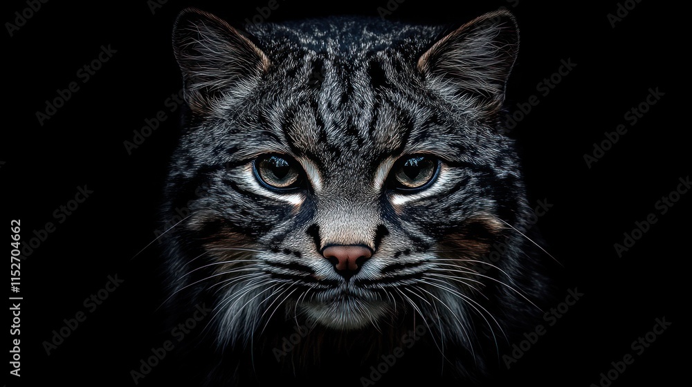 Aufkleber a close-up of a wild cat's face with striking features and intense eyes against a dark background.
