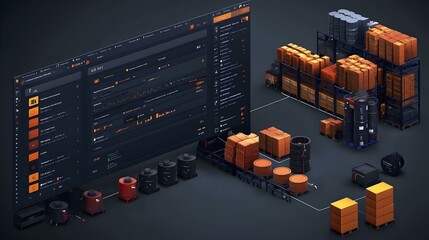 Isometric illustration of a smart warehouse with inventory management system.  Modern technology in logistics and supply chain.