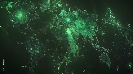 Abstract glowing green world map.  Digital global network, futuristic technology concept.