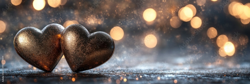 Poster two metallic hearts with a blurred bokeh background, symbolizing love and connection.