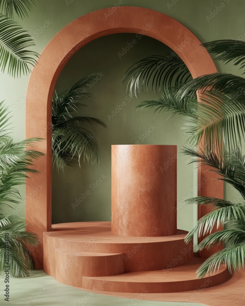 Poster a minimalistic display featuring a circular arch, pedestal, and tropical plants in soft colors.
