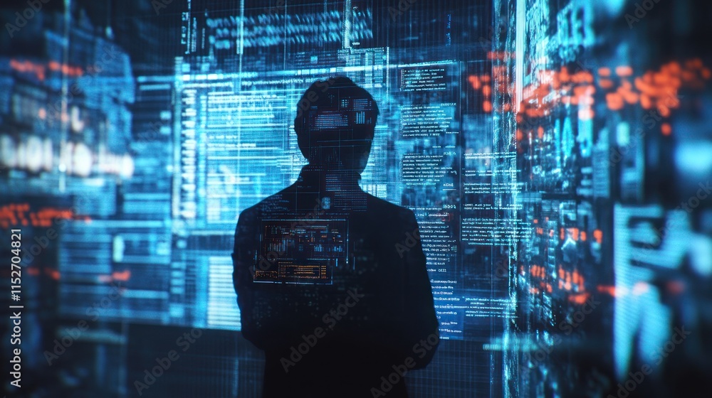 Poster A silhouette of a person against a backdrop of digital data and technology visuals.