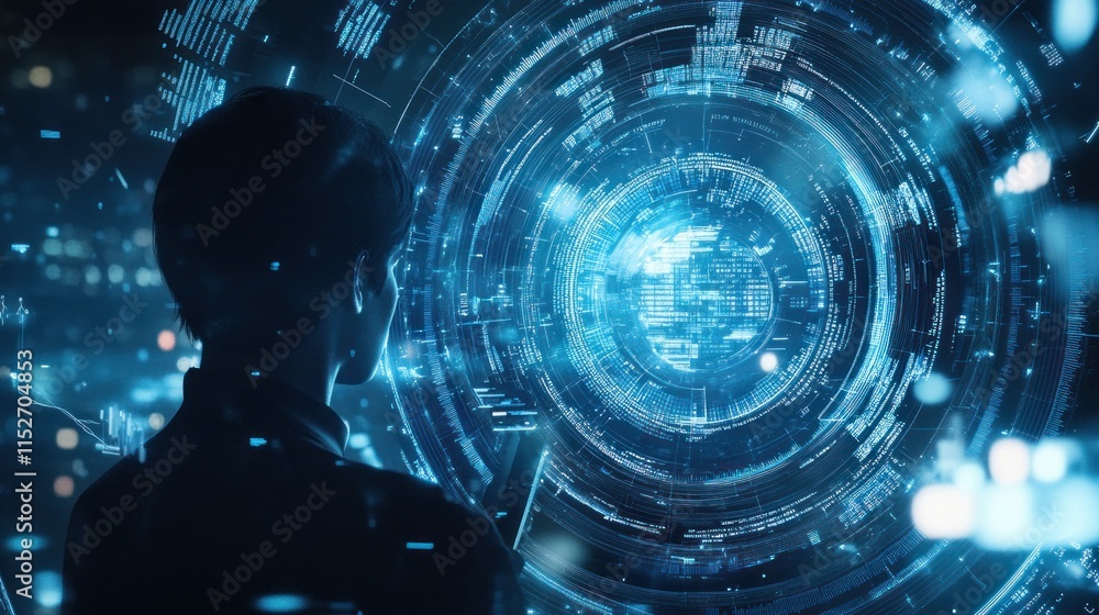 Poster a person gazes at a futuristic digital interface, symbolizing technology and innovation.