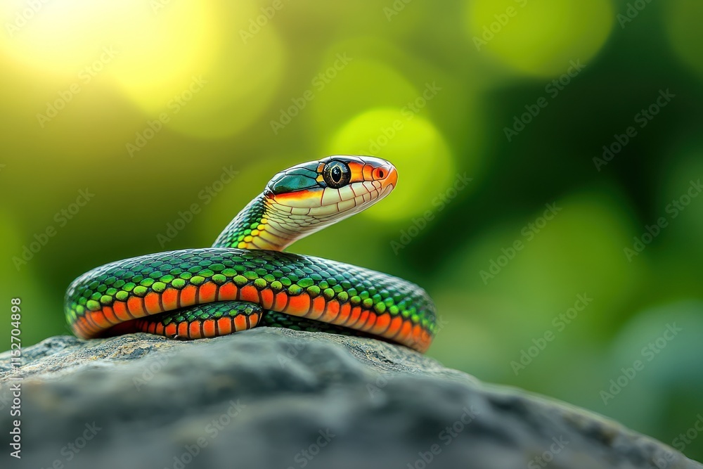 Poster a vibrant snake with green and orange scales resting on a rock, illuminated by soft sunlight.