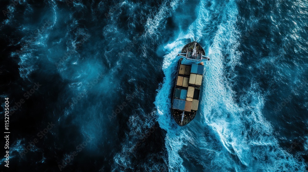 Poster aerial view of a cargo ship navigating through turbulent ocean waters.