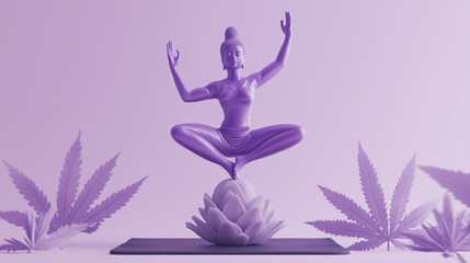 Obraz premium Purple Meditating Woman in Yoga Pose with Lotus Flower and Leaves 
