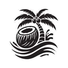 Coconut Silhouette Vector Illustration, Solid White Background.