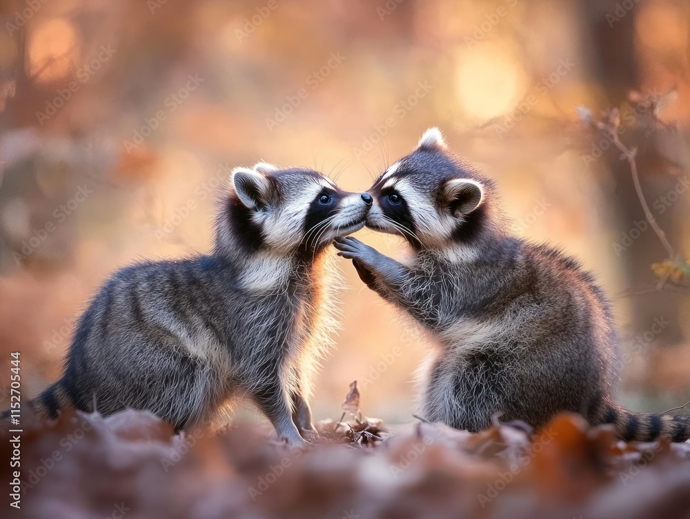 Aufkleber two raccoons playfully interacting in a serene autumn setting.