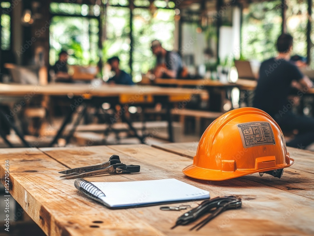 Poster A workspace with a hard hat, tools, and a notebook on a wooden table in a collaborative environment.